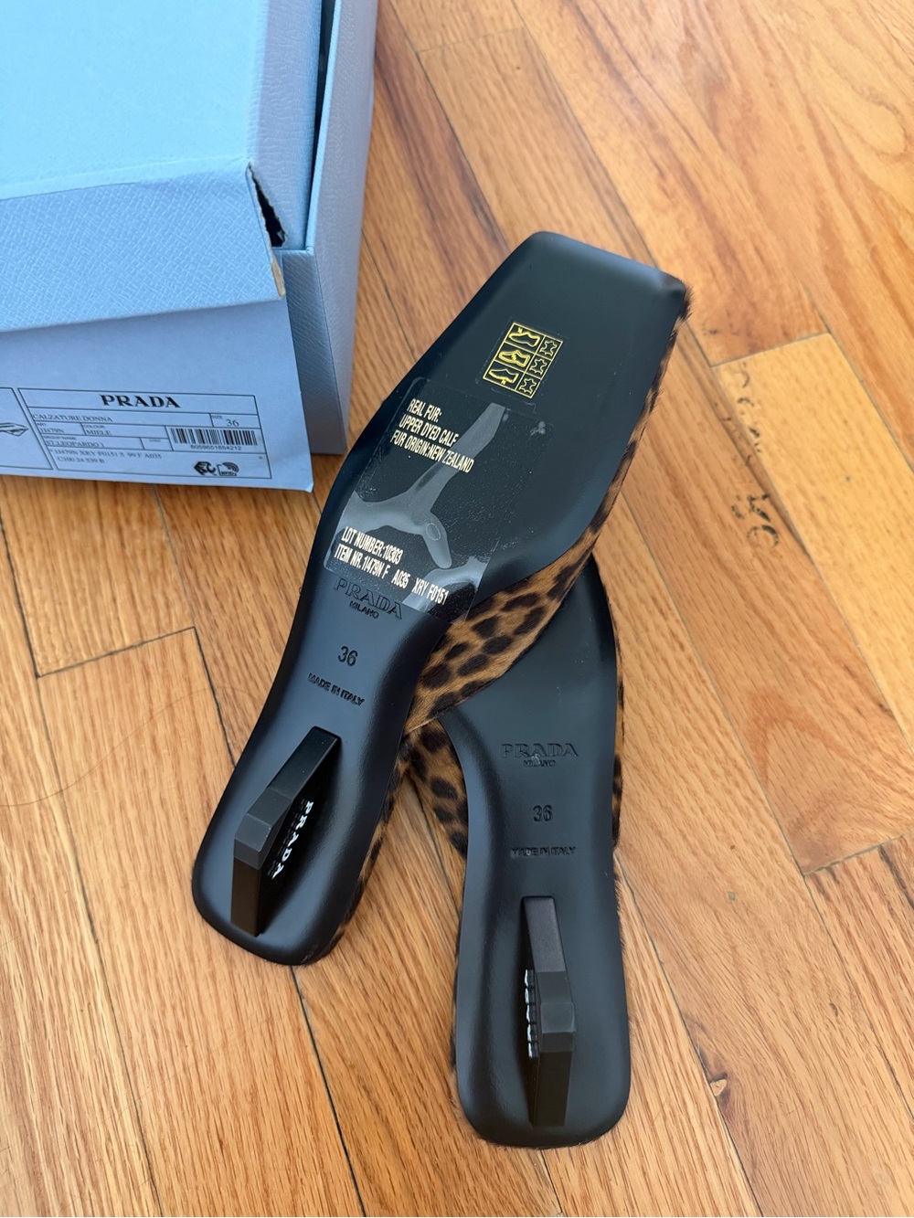 Prada Leopard Ponyhair Square Toe Mule w/ Triangle Heel NIB - Picture 4 of 6